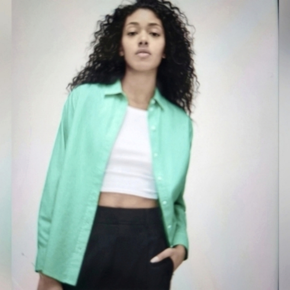 Everlane Bright Jade/White Silky Cotton Relaxed Button Down Shirt Top - Picture 5 of 7